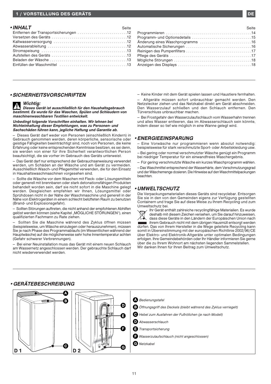 Gerätebeschreibung d 1 d 2, Inhalt, Sicherheitsvorschriften | Energieeinsparung, Umweltschutz | Fagor 1FET-313W User Manual | Page 11 / 44