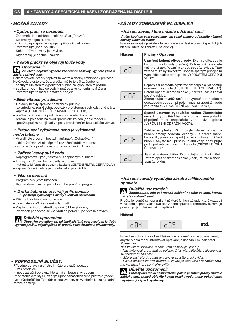 Možné závady, Poprodejní služby, Závady zobrazené na displeji | Fagor 1FET-313W User Manual | Page 26 / 44