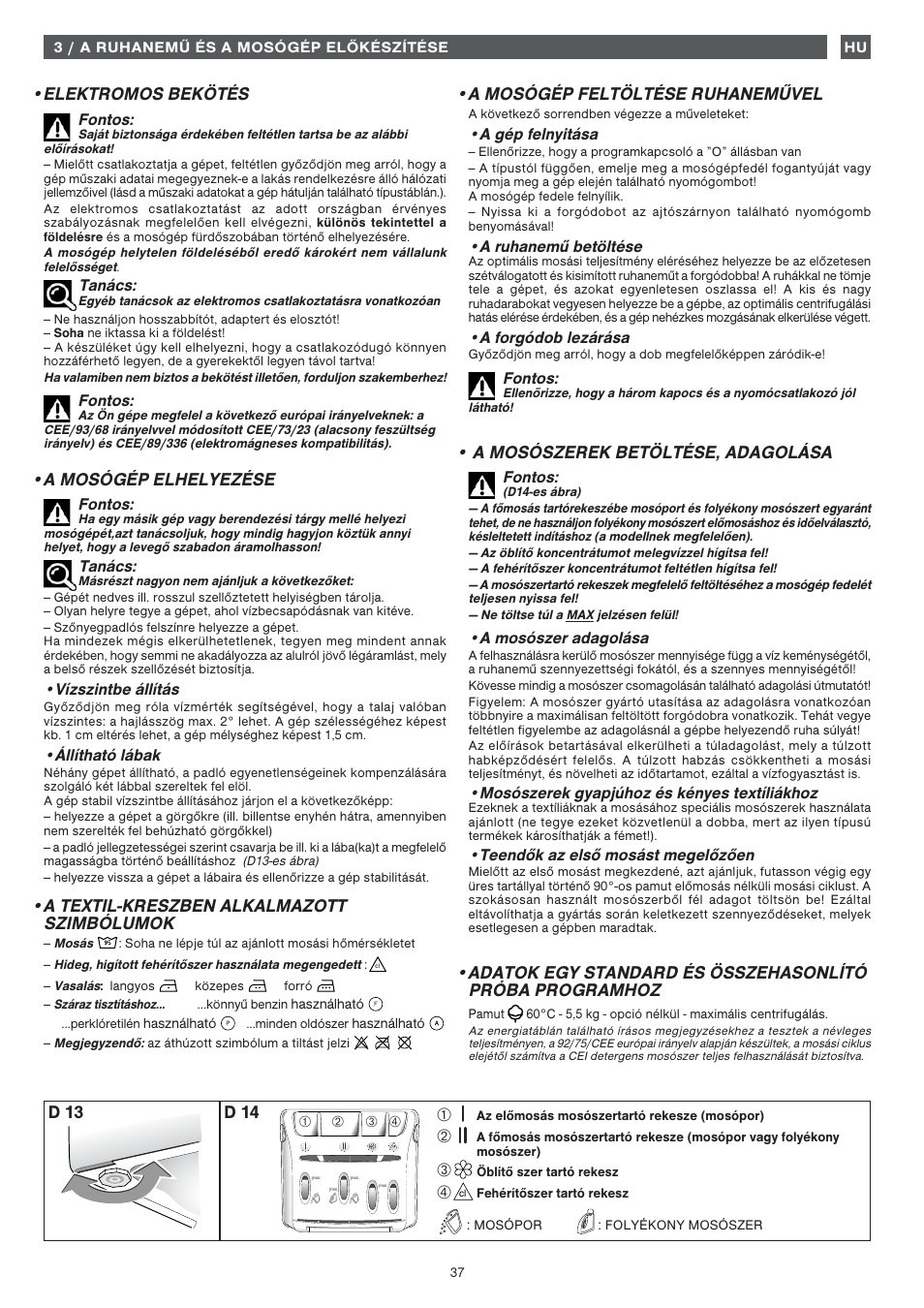 Elektromos bekötés, A mosógép elhelyezése, A textil-kreszben alkalmazott szimbólumok | A mosógép feltöltése ruhaneművel, A mosószerek betöltése, adagolása, D 13 d 14 | Fagor 1FET-313W User Manual | Page 37 / 44