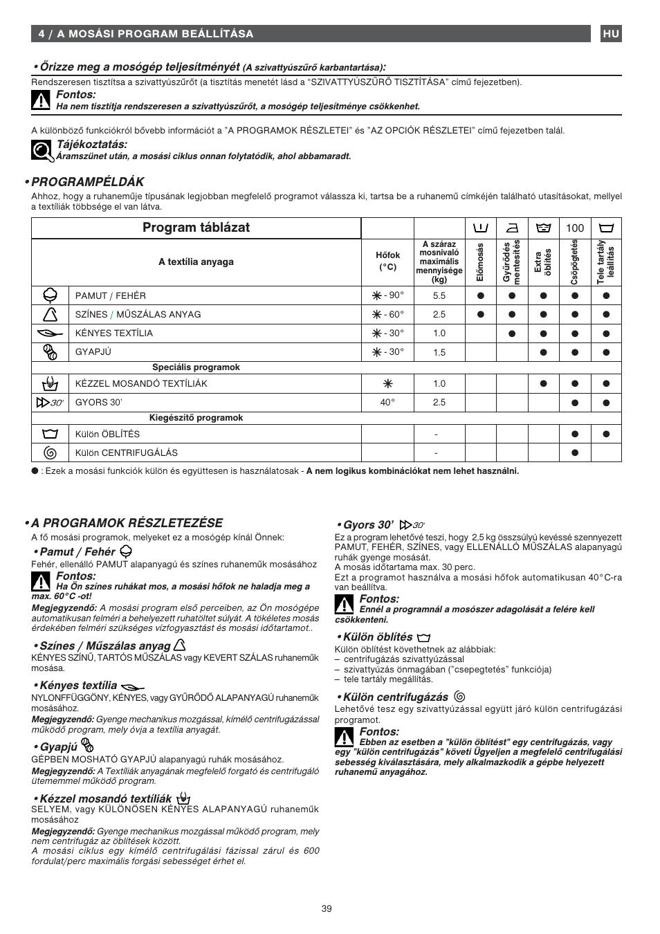 Program táblázat, Programpéldák •a programok részletezése, Tájékoztatás | Őrizze meg a mosógép teljesítményét, Fontos, Pamut / fehér, Színes / műszálas anyag, Kényes textília, Gyapjú, Kézzel mosandó textíliák | Fagor 1FET-313W User Manual | Page 39 / 44