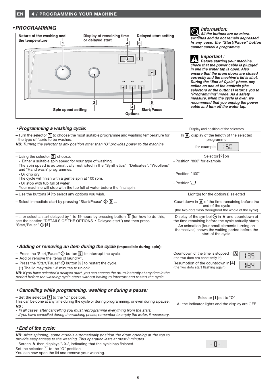 Programming, Information, Important | Programming a washing cycle, Adding or removing an item during the cycle, End of the cycle | Fagor 1FET-313W User Manual | Page 6 / 44