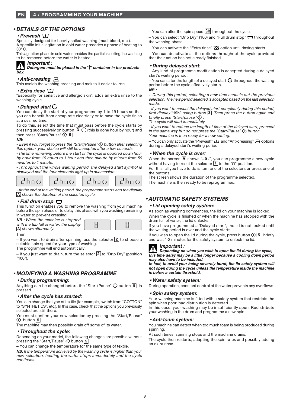 Details of the options, Modifying a washing programme, Automatic safety systems | Fagor 1FET-313W User Manual | Page 8 / 44