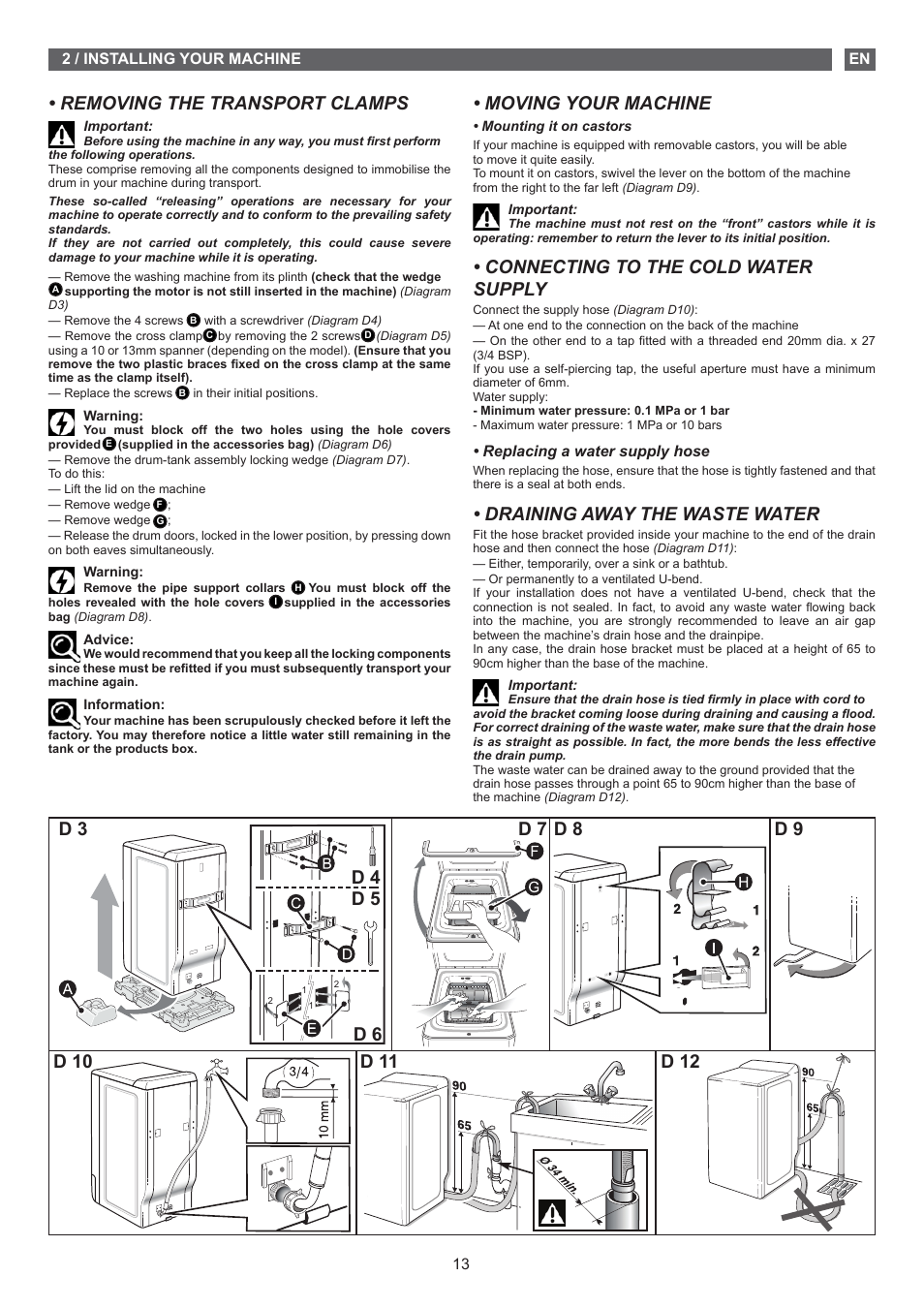 Moving your machine, Connecting to the cold water supply, Draining away the waste water | Removing the transport clamps, D 4 d 5 d 6 | Fagor FET-5112 User Manual | Page 13 / 40