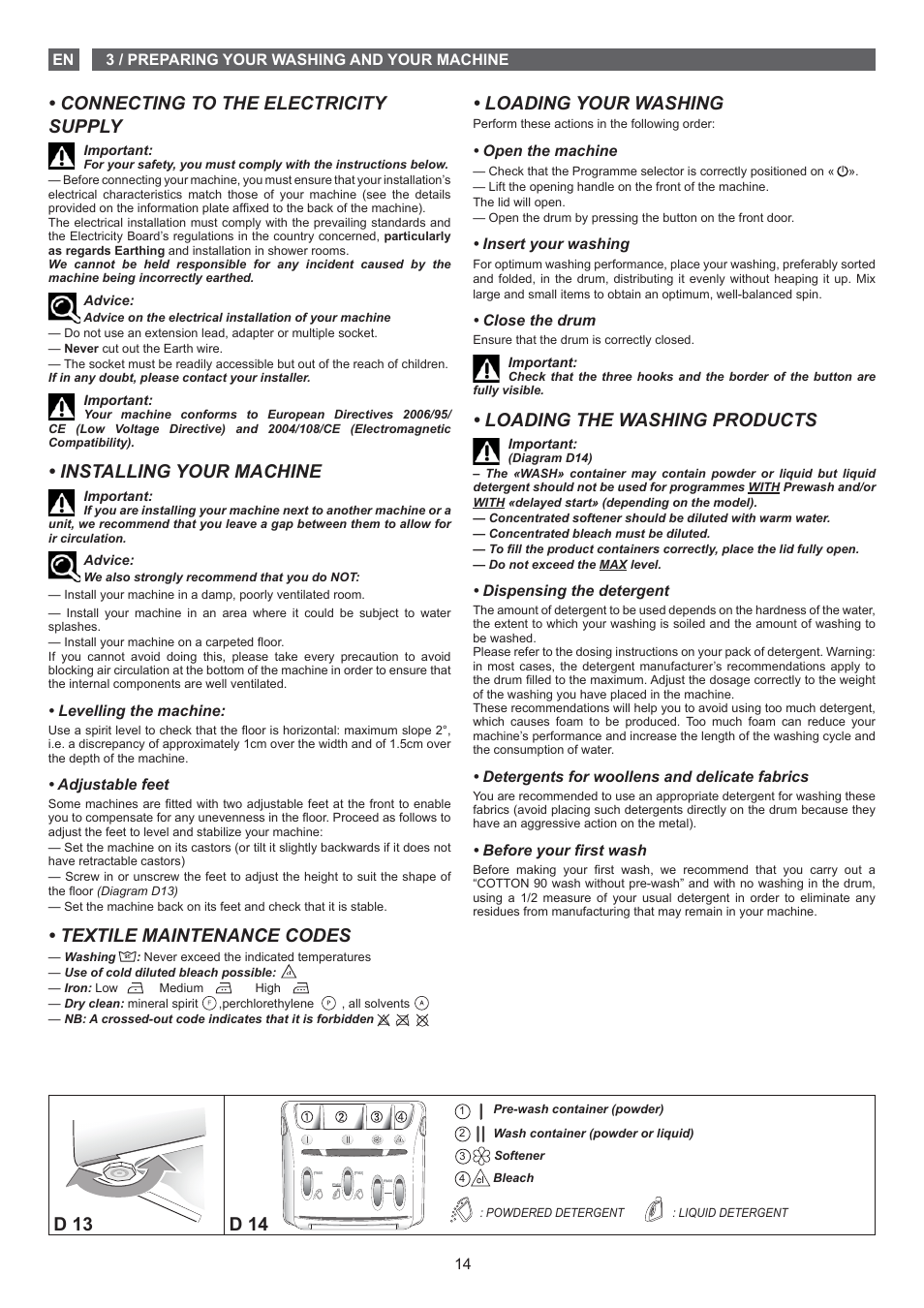 Loading your washing, Loading the washing products, Connecting to the electricity supply | Installing your machine, Textile maintenance codes, D 13 d 14 | Fagor FET-5112 User Manual | Page 14 / 40