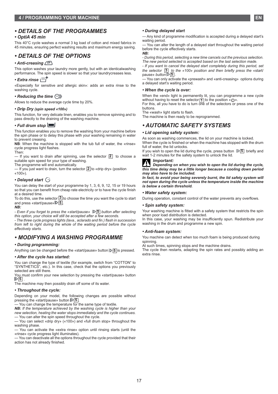 Details of the programmes, Details of the options, Modifying a washing programme | Automatic safety systems | Fagor FET-5112 User Manual | Page 17 / 40