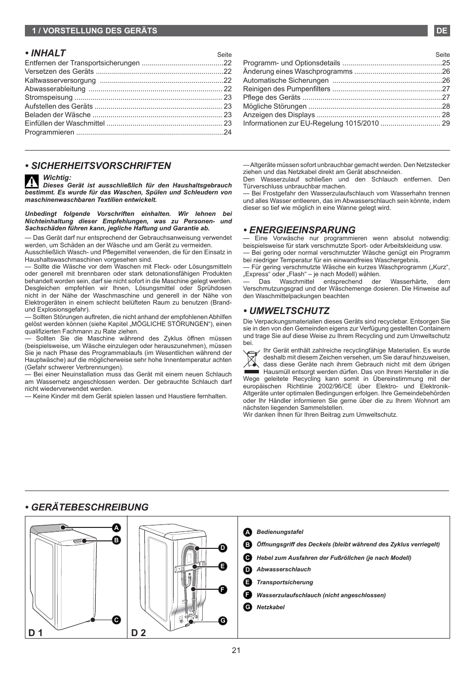 Inhalt, Gerätebeschreibung, D 1 d 2 | Sicherheitsvorschriften, Energieeinsparung, Umweltschutz | Fagor FET-5112 User Manual | Page 21 / 40