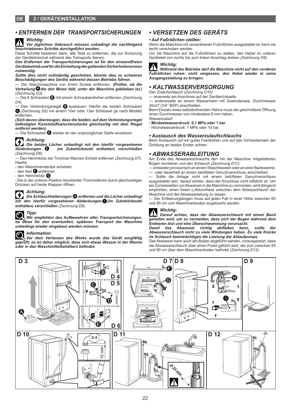 Versetzen des geräts, Kaltwasserversorgung, Abwasserableitung | Entfernen der transportsicherungen, D 3 d 4 d 5 d 6 | Fagor FET-5112 User Manual | Page 22 / 40