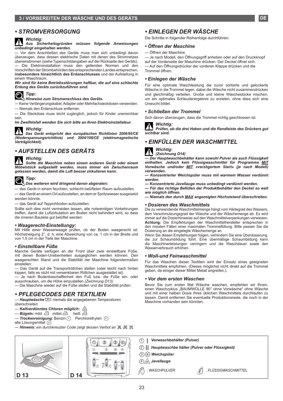 Einlegen der wäsche, Einfüllen der waschmittel, Stromversorgung | Aufstellen des geräts, Pflegecodes der textilien, D 13 d 14 | Fagor FET-5112 User Manual | Page 23 / 40