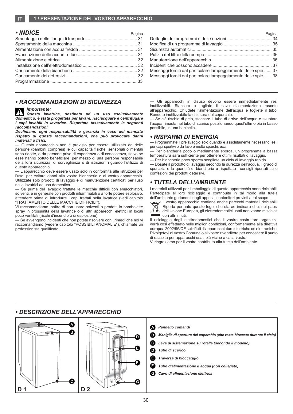Indice, Descrizione dell’apparecchio, D 1 d 2 | Raccomandazioni di sicurezza, Risparmi di energia, Tutela dell’ambiente | Fagor FET-5112 User Manual | Page 30 / 40