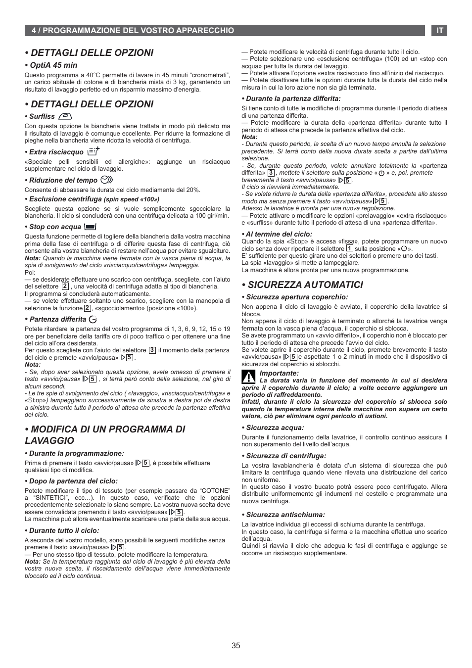 Dettagli delle opzioni, Modifica di un programma di lavaggio, Sicurezza automatici | Fagor FET-5112 User Manual | Page 35 / 40