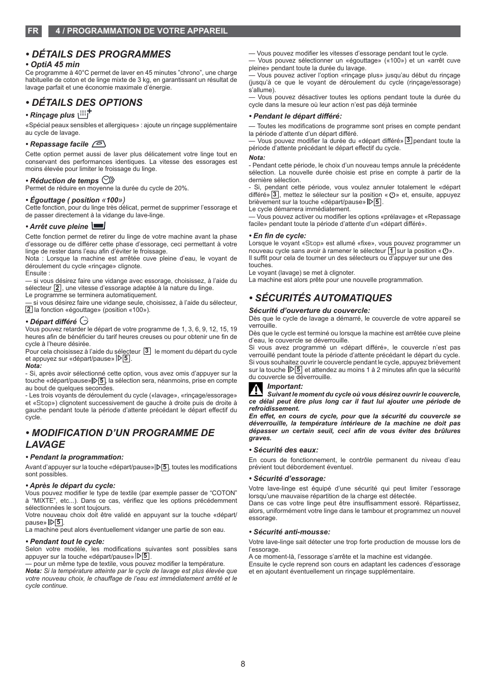 Détails des programmes, Détails des options, Modification d’un programme de lavage | Sécurités automatiques | Fagor FET-5112 User Manual | Page 8 / 40