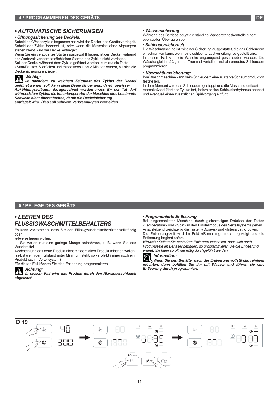 Automatische sicherungen, Leeren des flüssigwaschmittelbehälters, D 19 | Fagor FET-6412D User Manual | Page 11 / 52