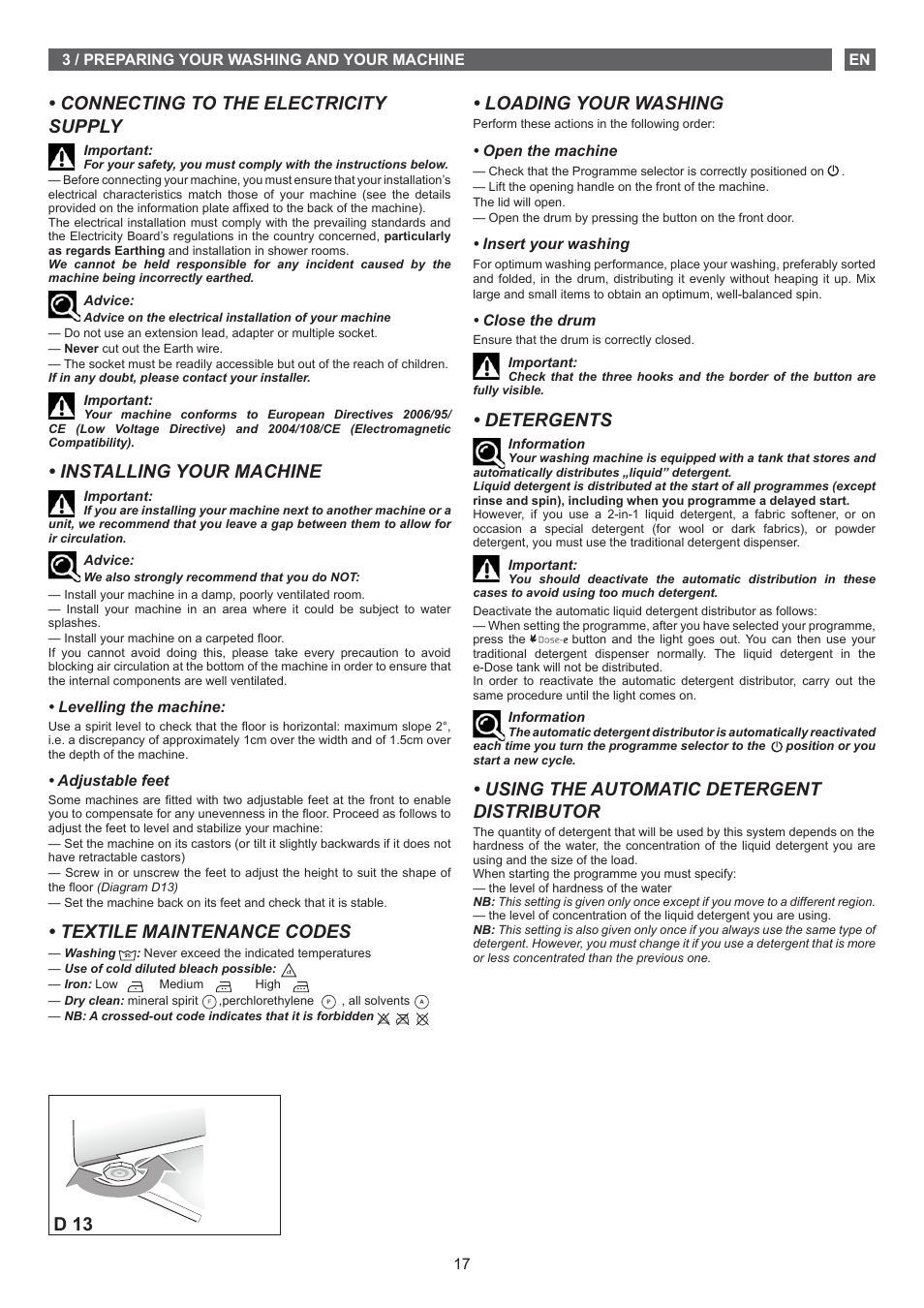 Loading your washing, Detergents, Using the automatic detergent distributor | Connecting to the electricity supply, Installing your machine, Textile maintenance codes, D 13 | Fagor FET-6412D User Manual | Page 17 / 52