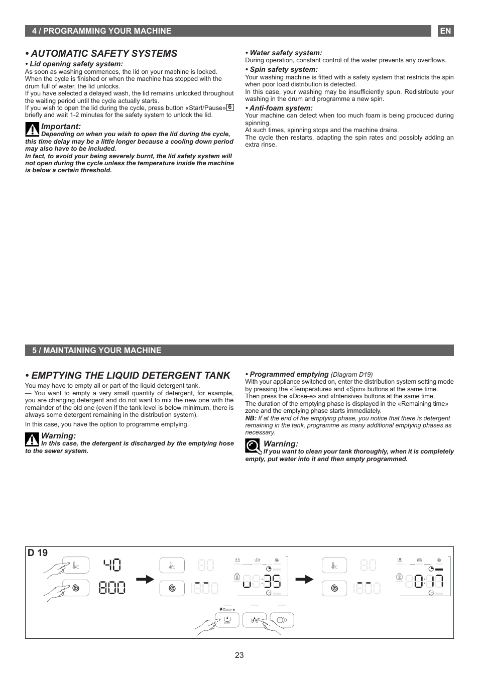 Automatic safety systems, Emptying the liquid detergent tank, D 19 | Fagor FET-6412D User Manual | Page 23 / 52