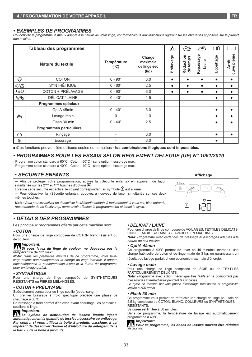Exemples de programmes, Sécurité enfants, Détails des programmes | Tableau des programmes | Fagor FET-6412D User Manual | Page 33 / 52