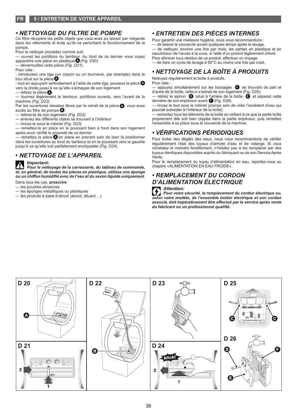 Nettoyage de l’appareil, Entretien des pièces internes, Nettoyage de la boîte à produits | Vérifications périodiques, Remplacement du cordon d’alimentation électrique, D 25 d 26 | Fagor FET-6412D User Manual | Page 36 / 52