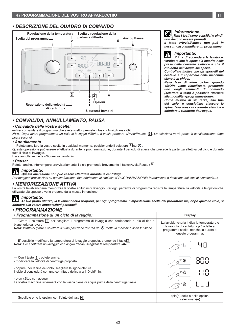 Convalida, annullamento, pausa, Programmazione, Descrizione del quadro di comando | Fagor FET-6412D User Manual | Page 43 / 52