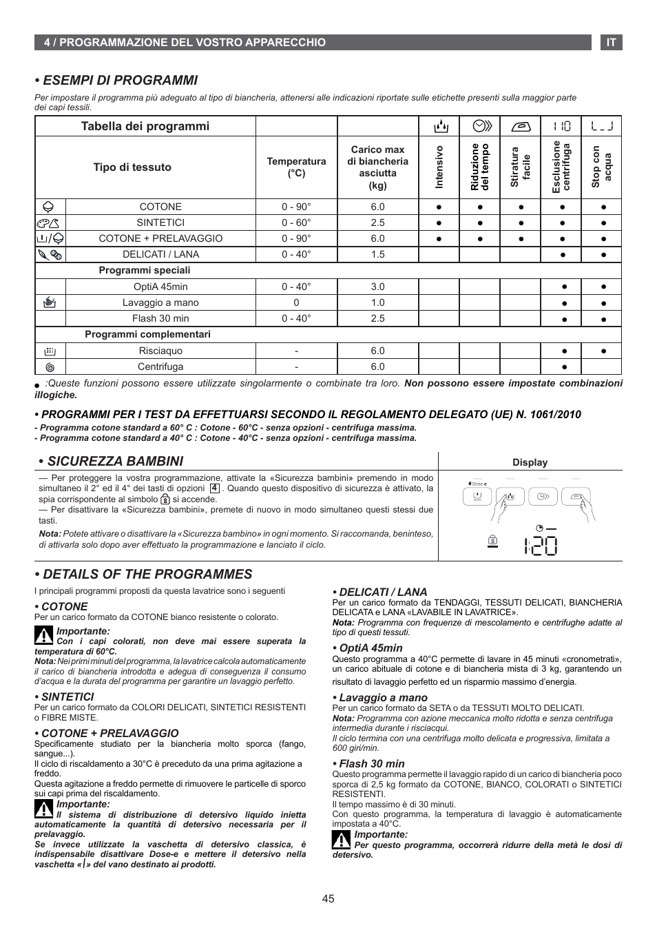 Esempi di programmi, Sicurezza bambini, Details of the programmes | Tabella dei programmi | Fagor FET-6412D User Manual | Page 45 / 52