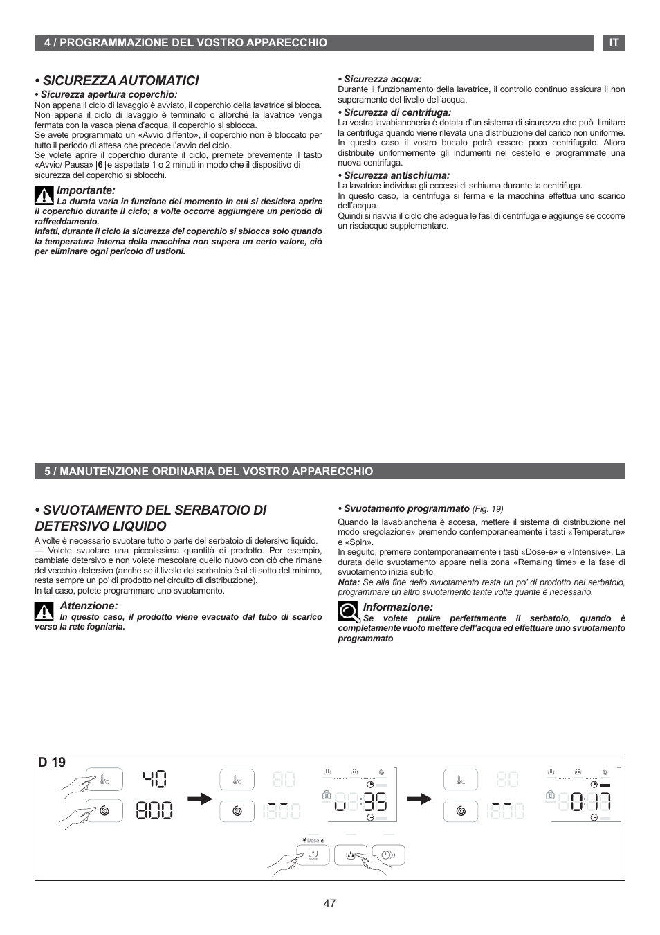Sicurezza automatici, Svuotamento del serbatoio di detersivo liquido, D 19 | Fagor FET-6412D User Manual | Page 47 / 52