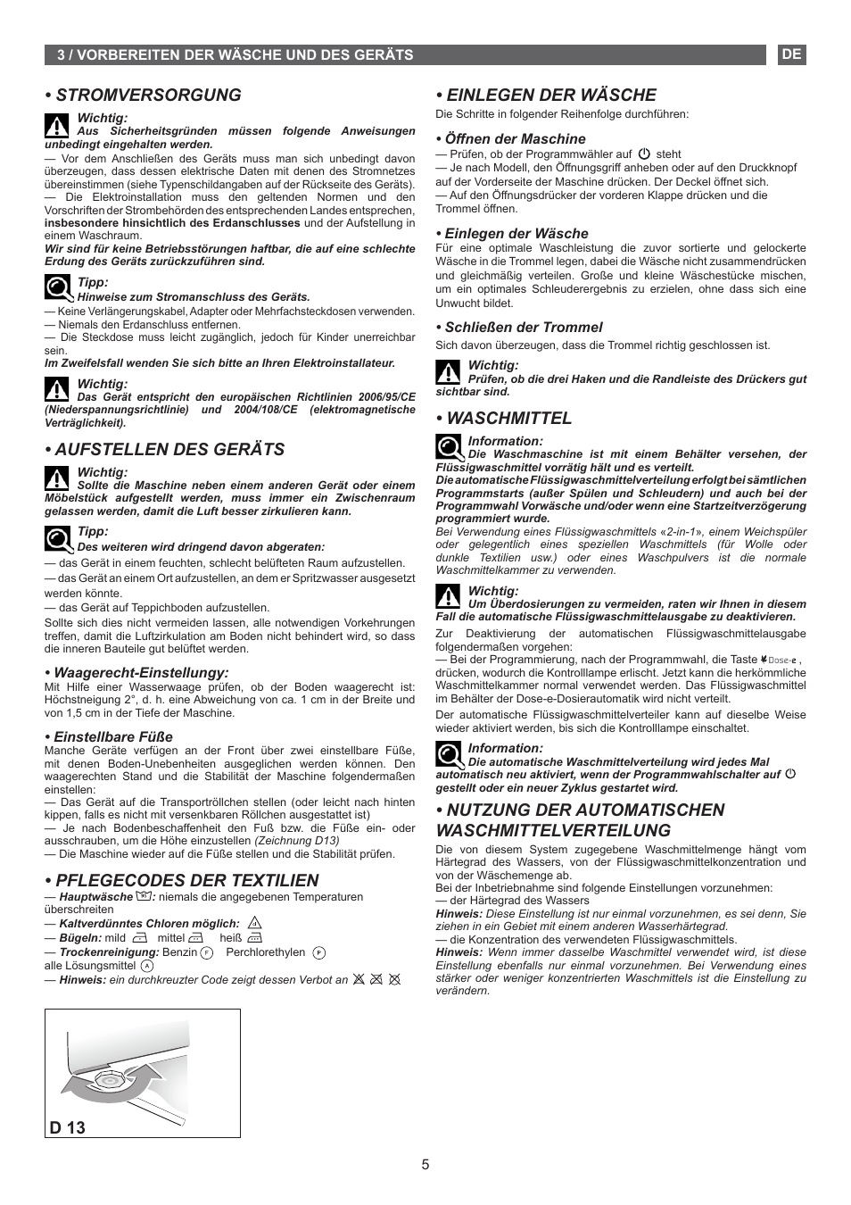 Einlegen der wäsche, Waschmittel, Nutzung der automatischen waschmittelverteilung | Stromversorgung, Aufstellen des geräts, Pflegecodes der textilien, D 13 | Fagor FET-6412D User Manual | Page 5 / 52