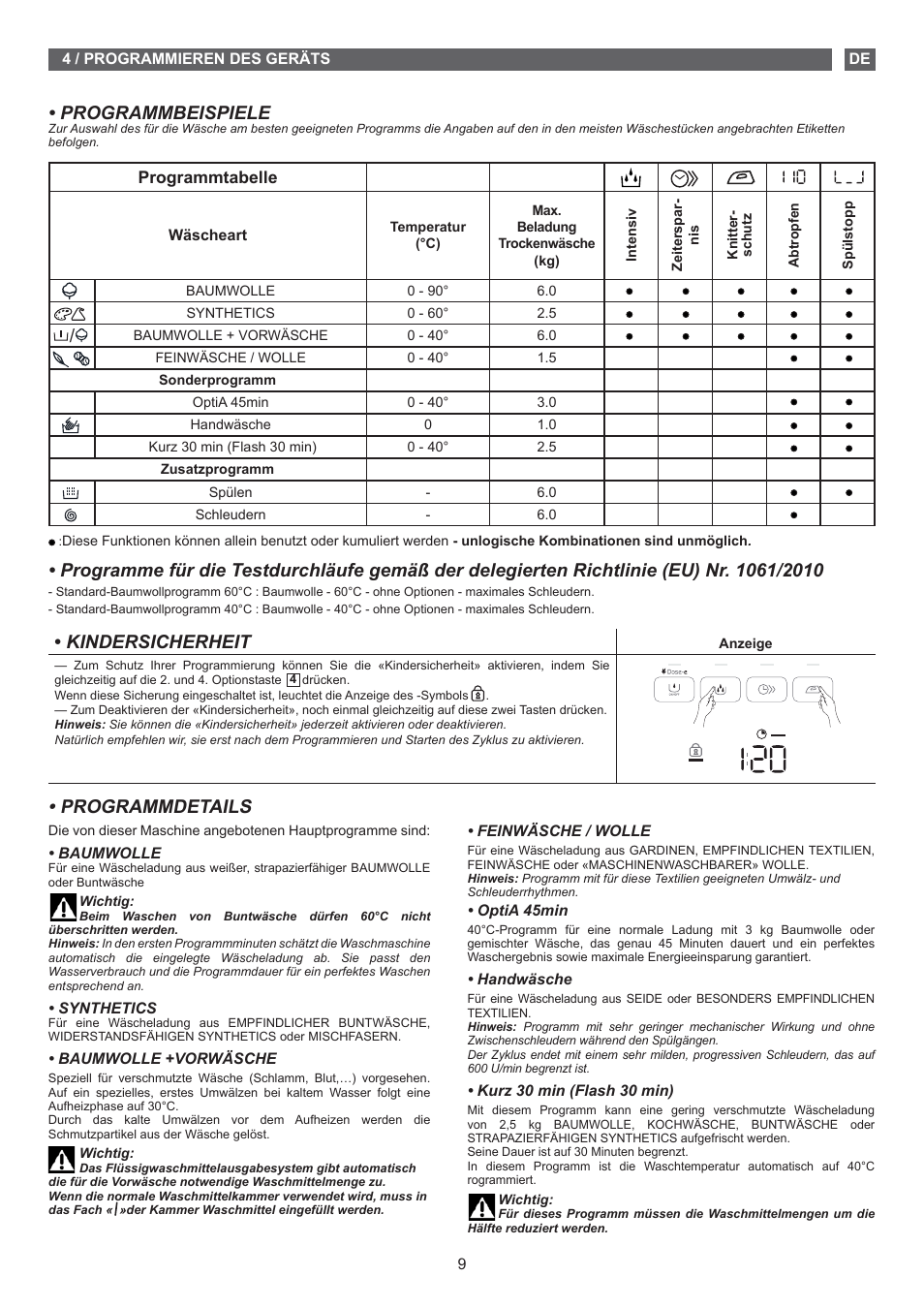Programmbeispiele, Kindersicherheit, Programmdetails | Fagor FET-6412D User Manual | Page 9 / 52
