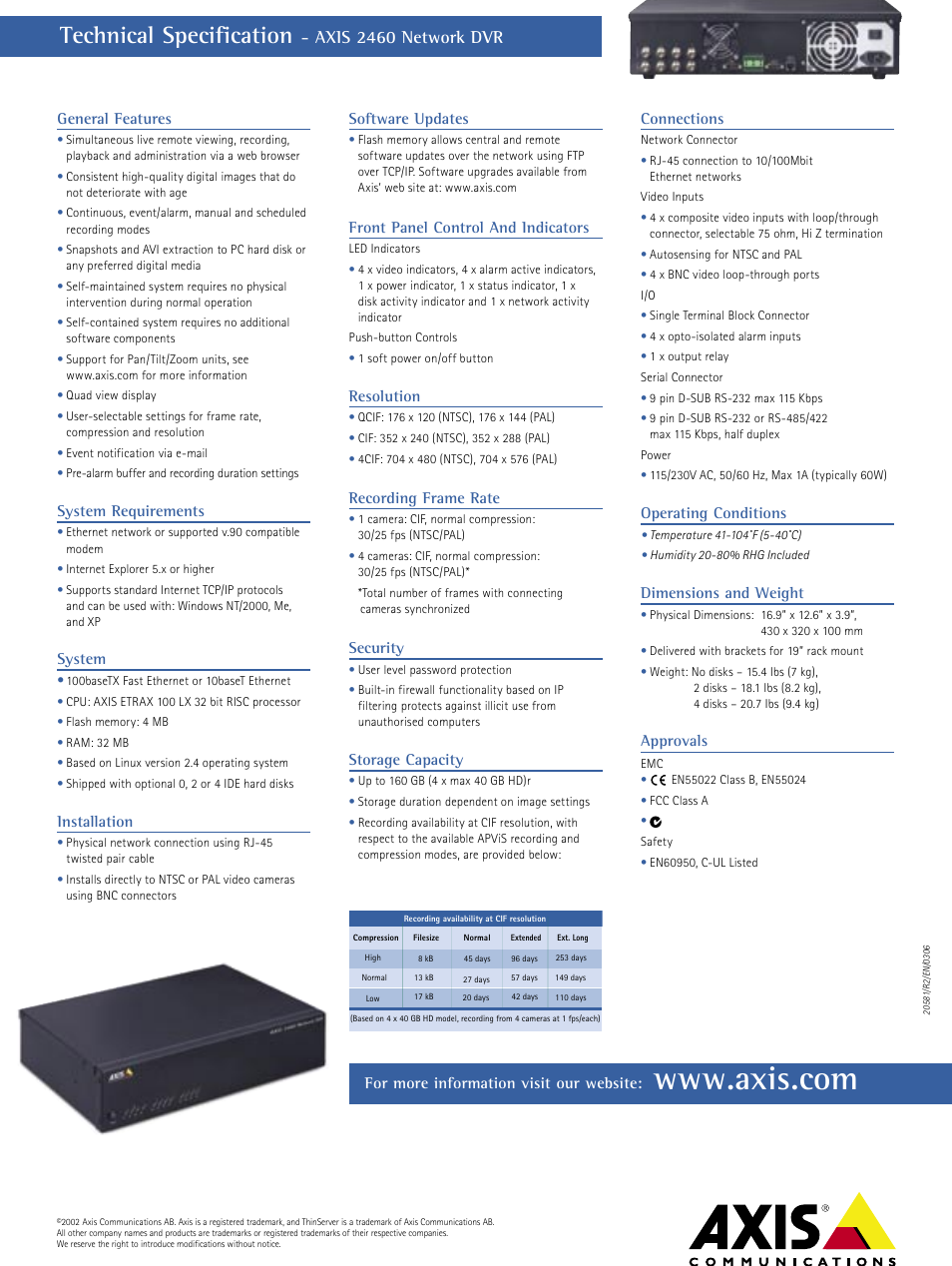 Technical specification, Axis 2460 network dvr, General features | System requirements, System, Installation, Software updates, Front panel control and indicators, Resolution, Recording frame rate | Axis Communications 2460 User Manual | Page 4 / 4