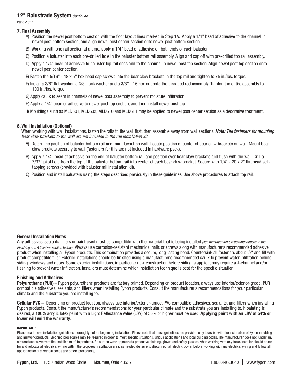 12" balustrade system | Fypon Balustrade Systems, 12 User Manual | Page 2 / 2