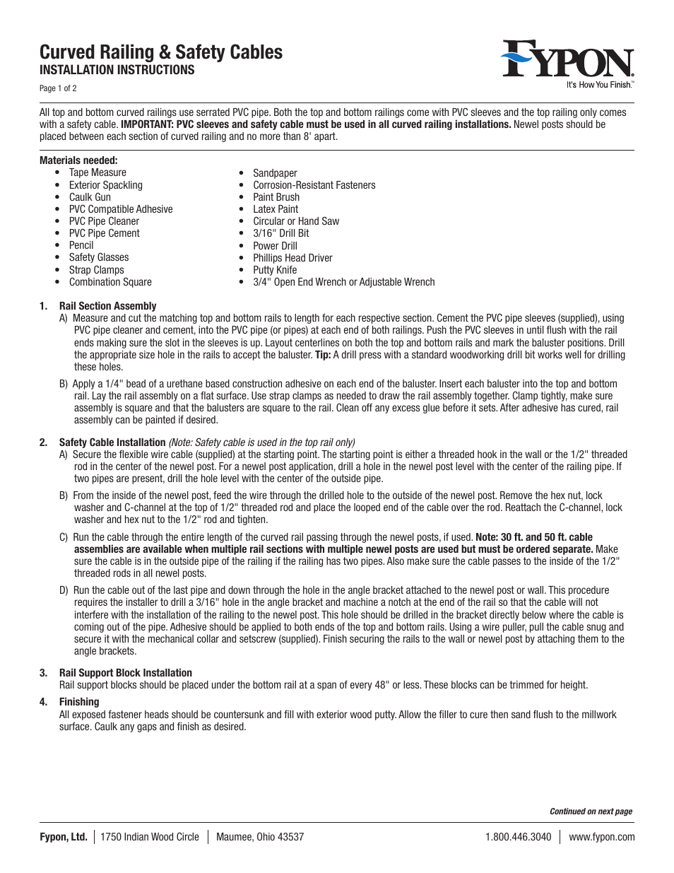 Fypon Balustrade Systems Curved Railing & Safety Cables User Manual | 2 pages