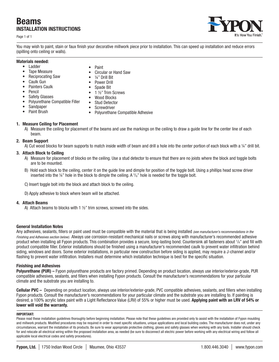 Fypon Beams User Manual | 1 page