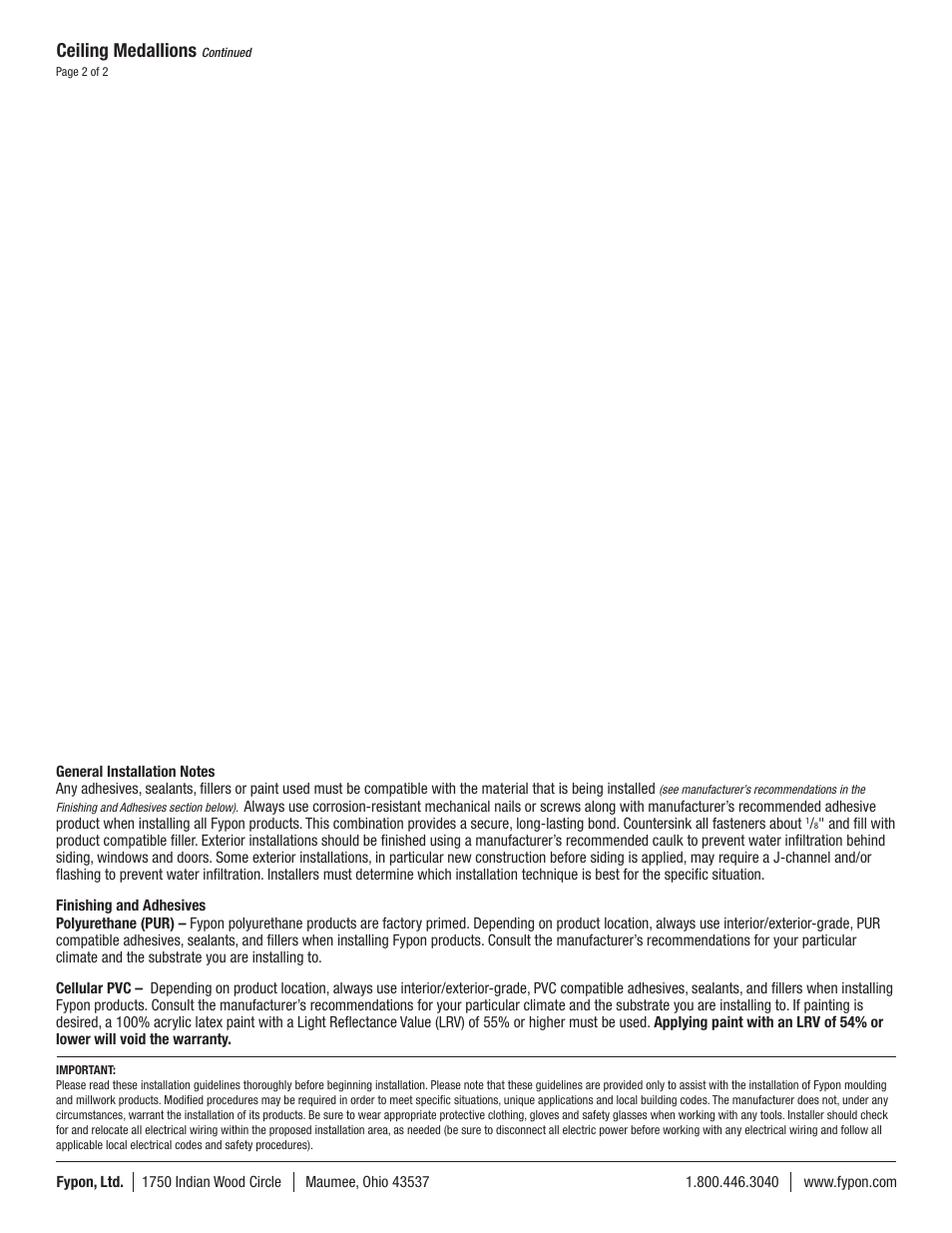 Ceiling medallions | Fypon Ceiling Medallions User Manual | Page 2 / 2