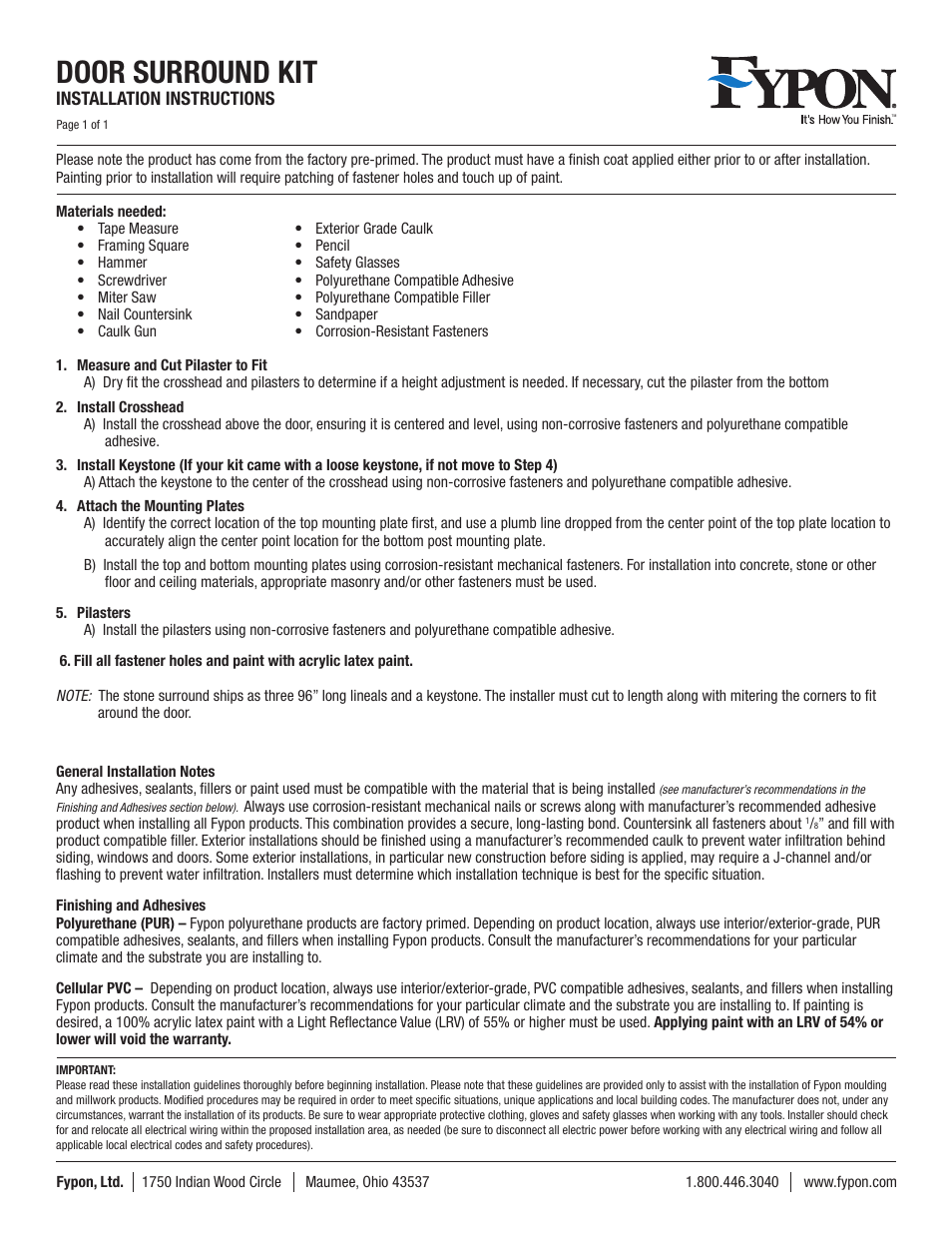 Fypon Door Surround Kit User Manual | 1 page