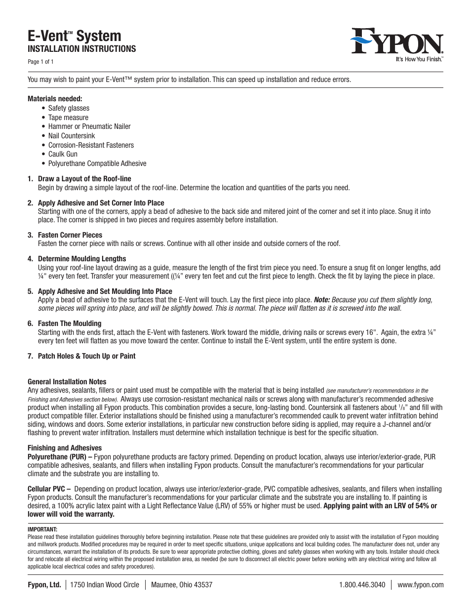 Fypon E-vent Systems User Manual | 1 page