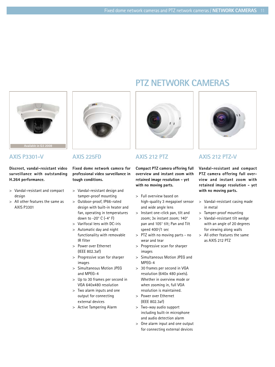 Ptz network cameras, Axis 225fd, Axis p3301-v | Axis 212 ptz-v, Axis 212 ptz | Axis Communications Product guide User Manual | Page 11 / 40
