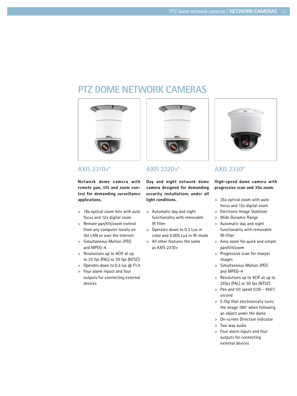 Ptz dome network cameras, Axis 231d, Axis 232d | Axis 233d | Axis Communications Product guide User Manual | Page 13 / 40