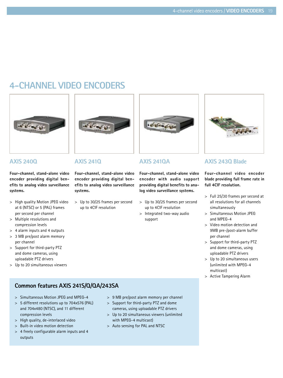 Channel video encoders, Axis 241qa, Axis 241q | Axis 240q, Axis 243q blade | Axis Communications Product guide User Manual | Page 19 / 40