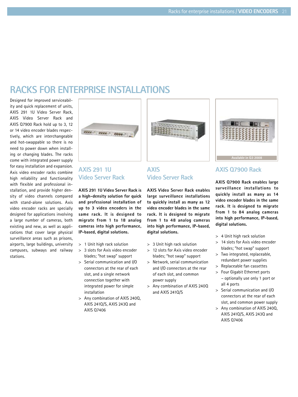 Racks for enterprise installations, Axis video server rack, Axis q7900 rack | Axis 291 1u video server rack | Axis Communications Product guide User Manual | Page 21 / 40