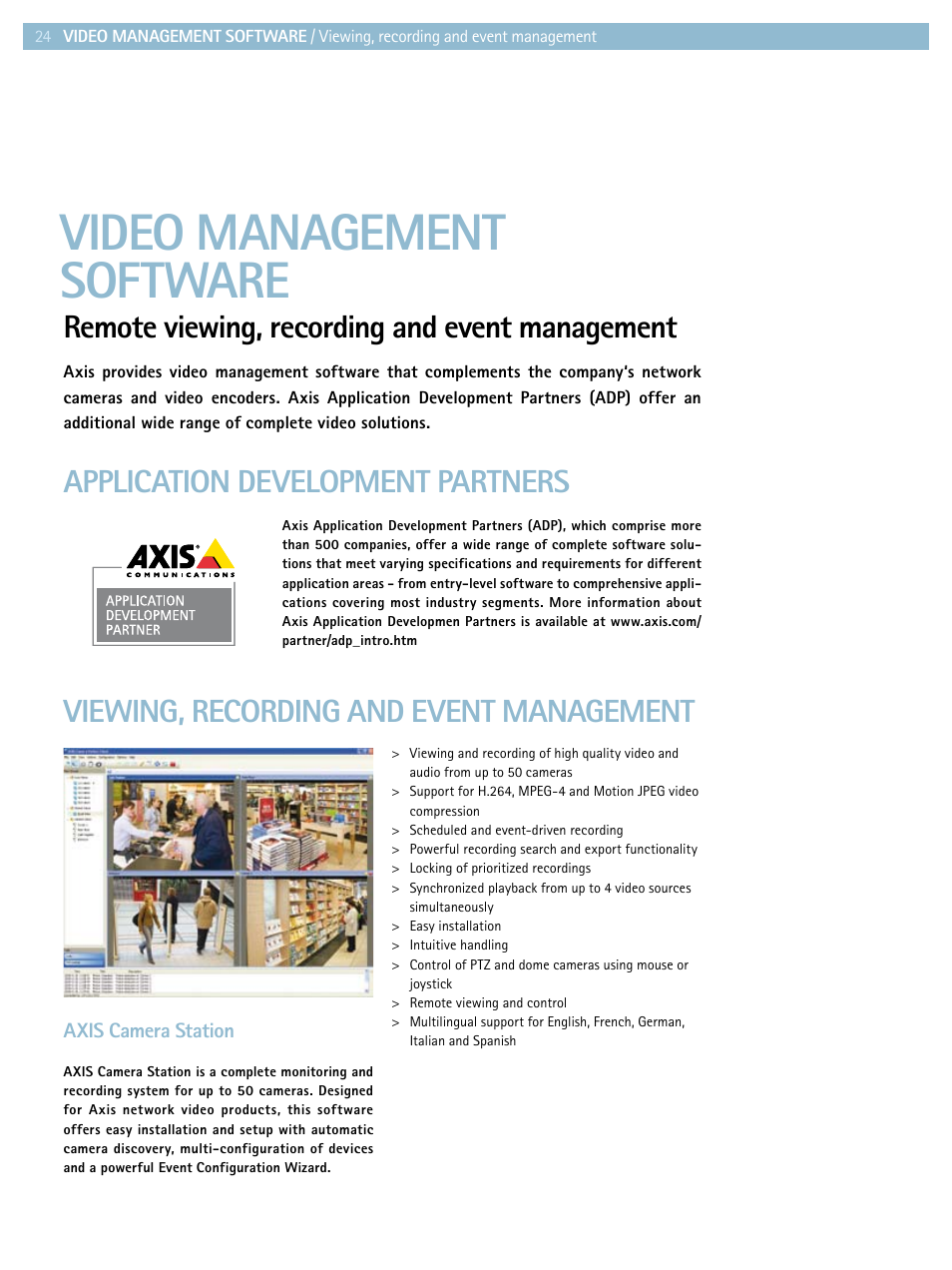 Video management software, Remote viewing, recording and event management | Axis Communications Product guide User Manual | Page 24 / 40