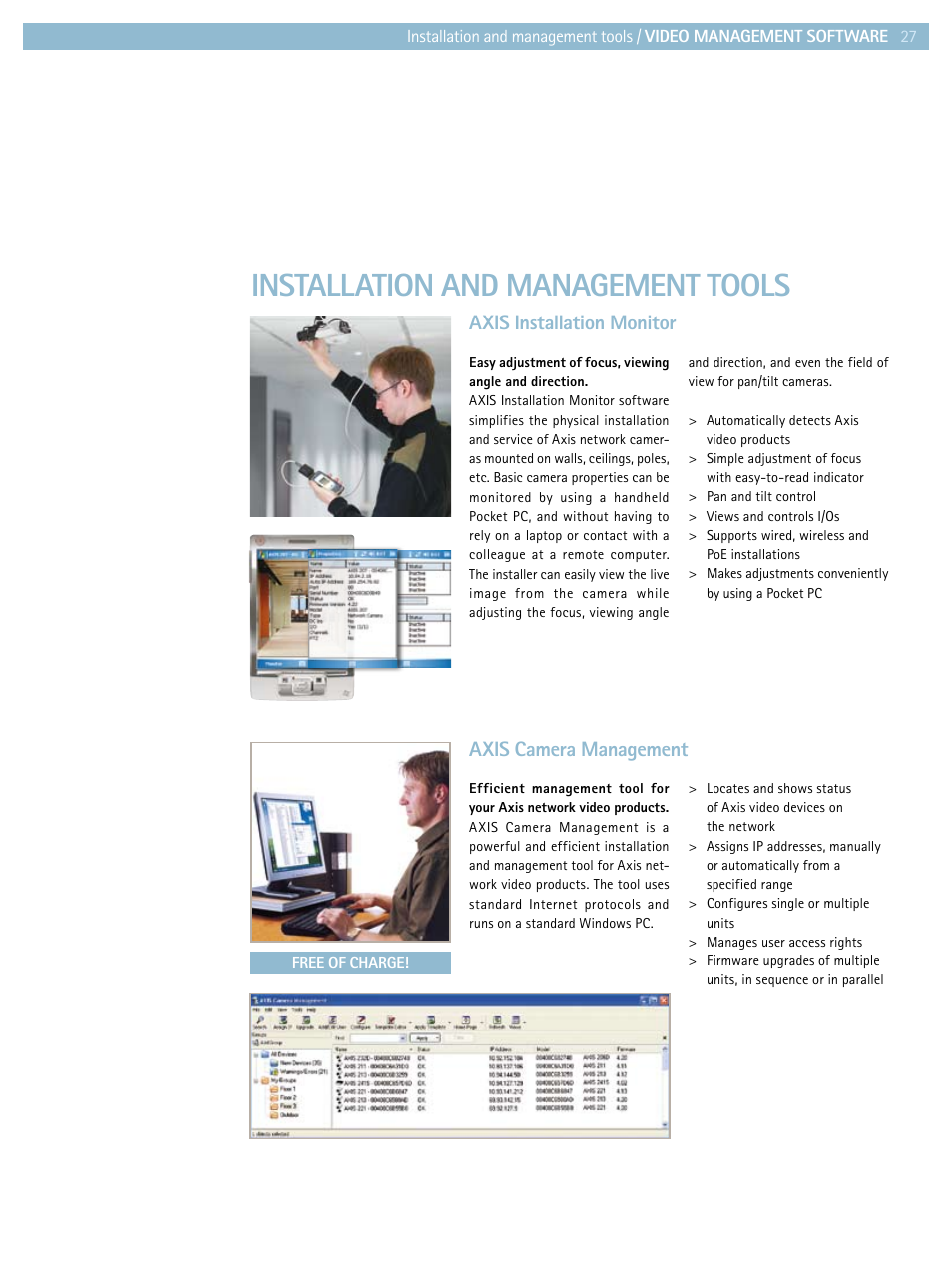 Installation and management tools, Axis installation monitor, Axis camera management | Axis Communications Product guide User Manual | Page 27 / 40