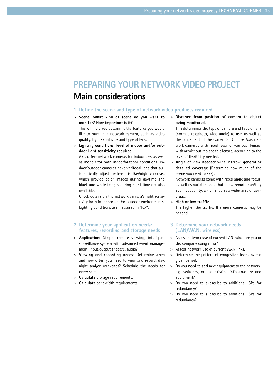 Main considerations, Preparing your network video project | Axis Communications Product guide User Manual | Page 35 / 40