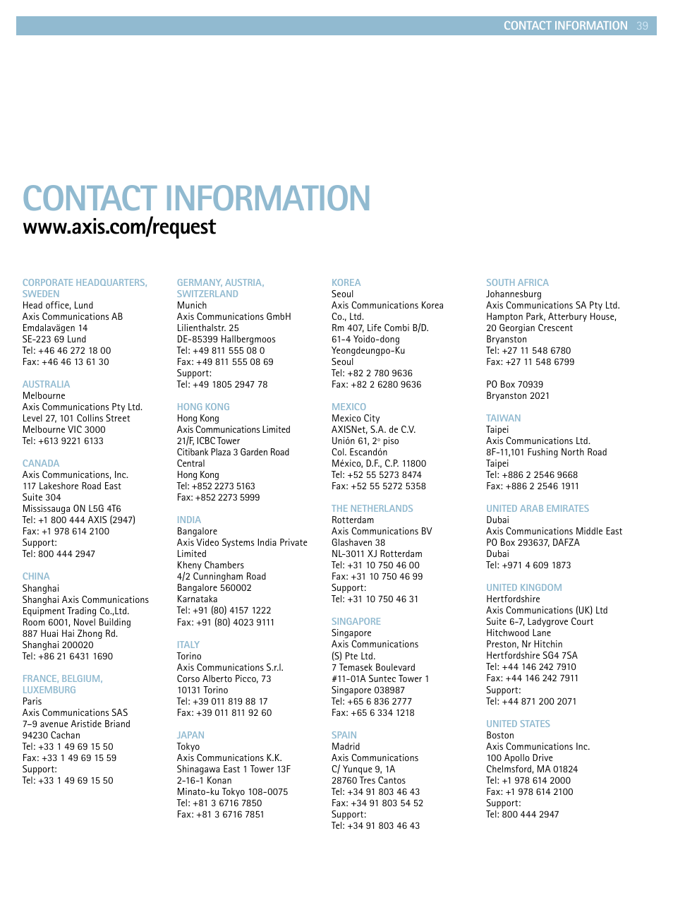 Contact information | Axis Communications Product guide User Manual | Page 39 / 40