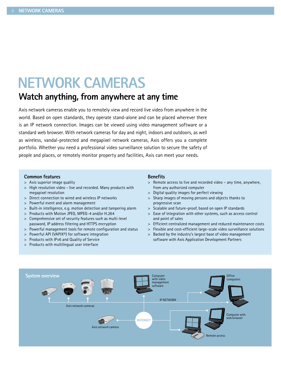 Network cameras, Watch anything, from anywhere at any time | Axis Communications Product guide User Manual | Page 4 / 40