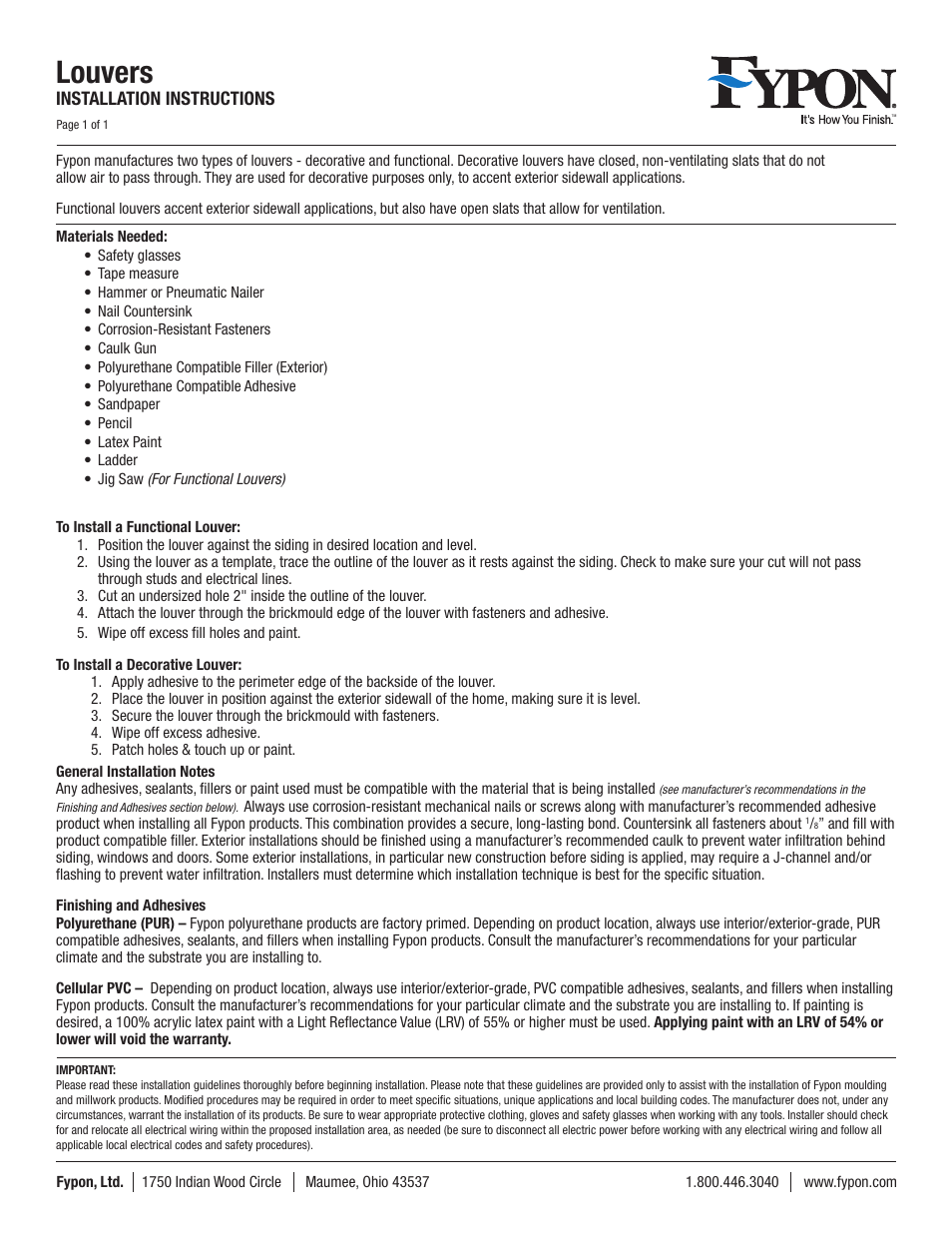 Fypon Louvers User Manual | 1 page