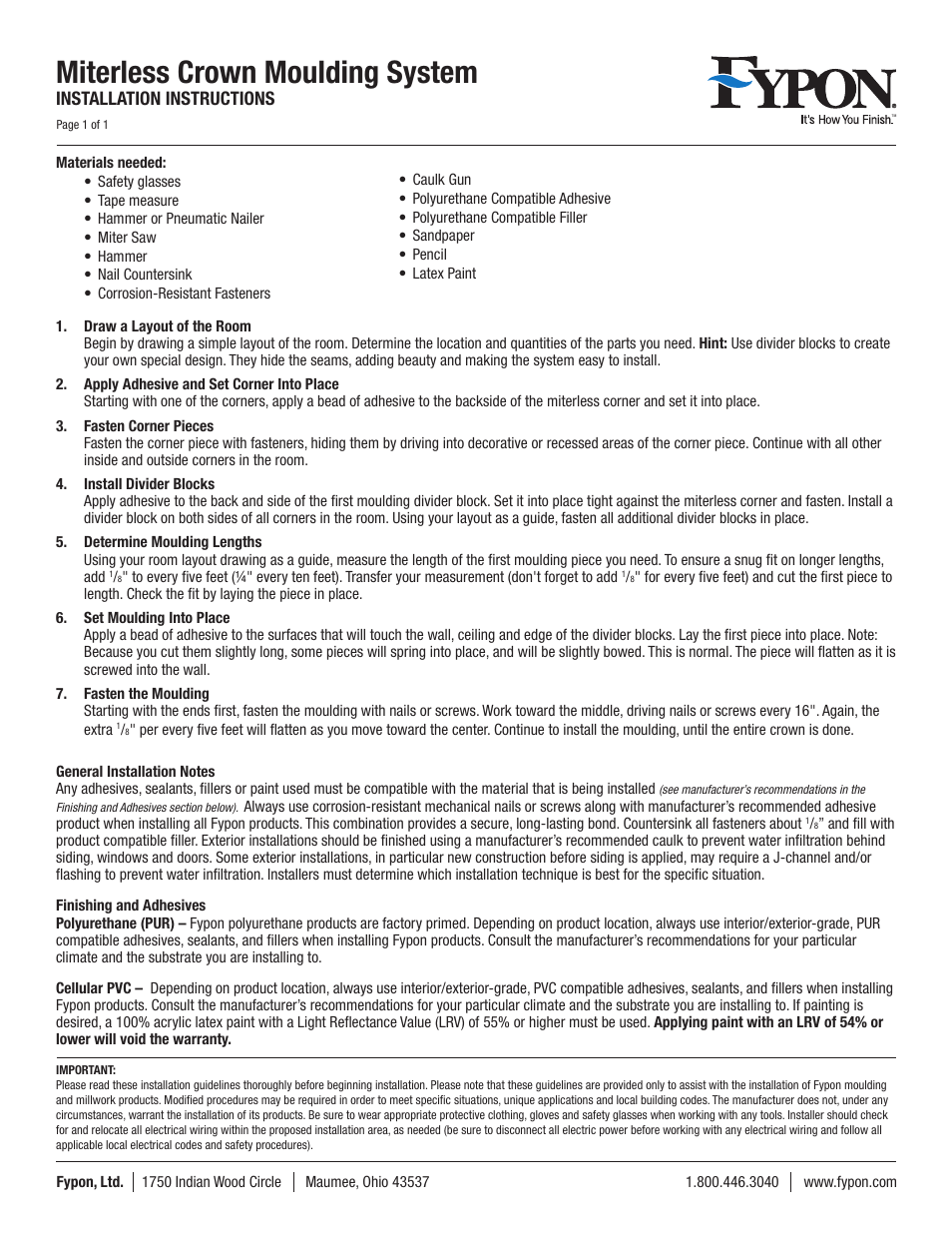 Fypon Miterless Crown Moulding System User Manual | 1 page