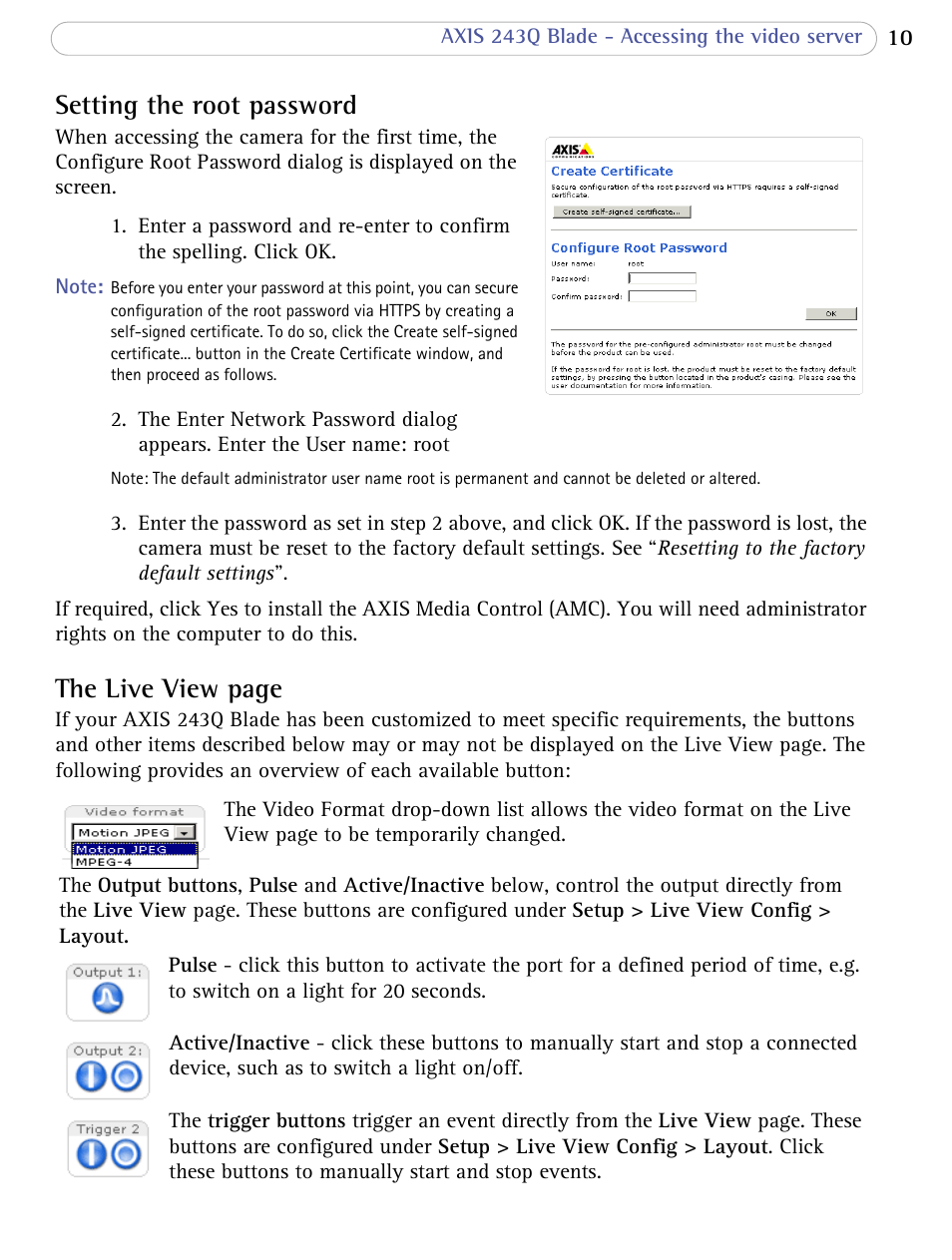 Setting the root password, Setting the root password , on, The live view page | Axis Communications Video Server 243Q Blade User Manual | Page 10 / 72