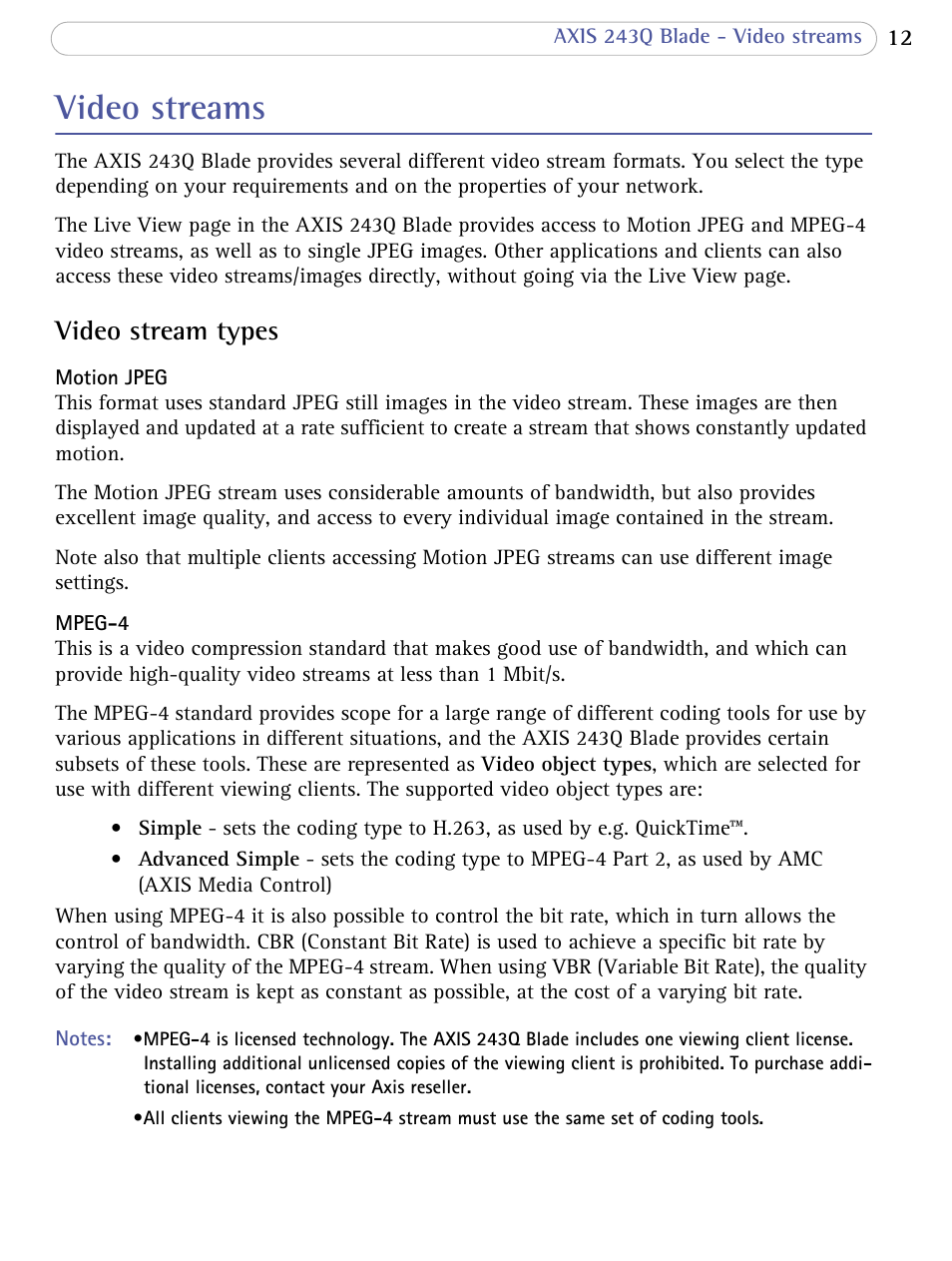 Video streams, Video stream types | Axis Communications Video Server 243Q Blade User Manual | Page 12 / 72