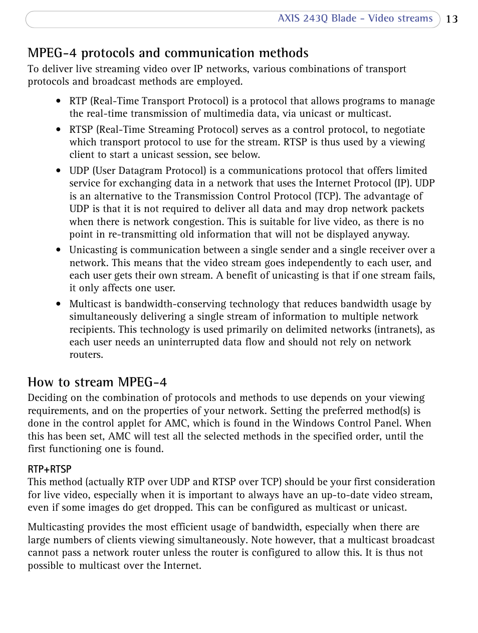 Mpeg-4 protocols and communication methods, How to stream mpeg-4 | Axis Communications Video Server 243Q Blade User Manual | Page 13 / 72