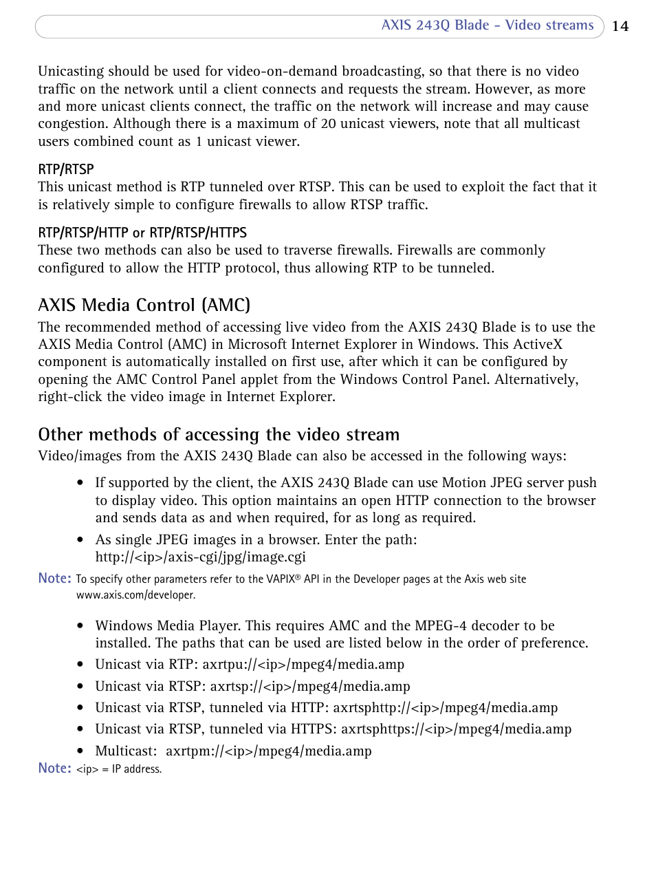 Axis media control (amc), Other methods of accessing the video stream | Axis Communications Video Server 243Q Blade User Manual | Page 14 / 72