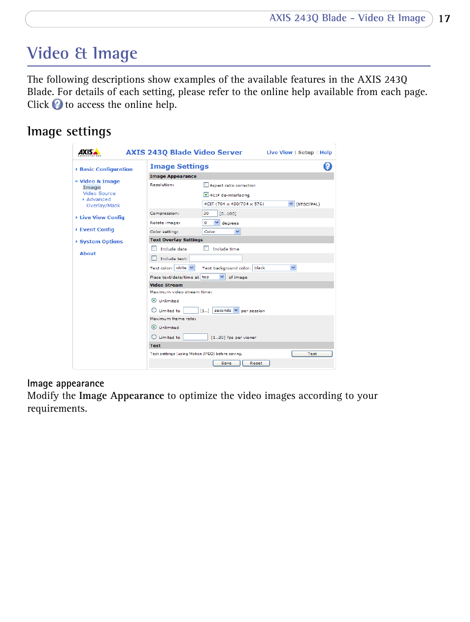 Video & image, Image settings | Axis Communications Video Server 243Q Blade User Manual | Page 17 / 72