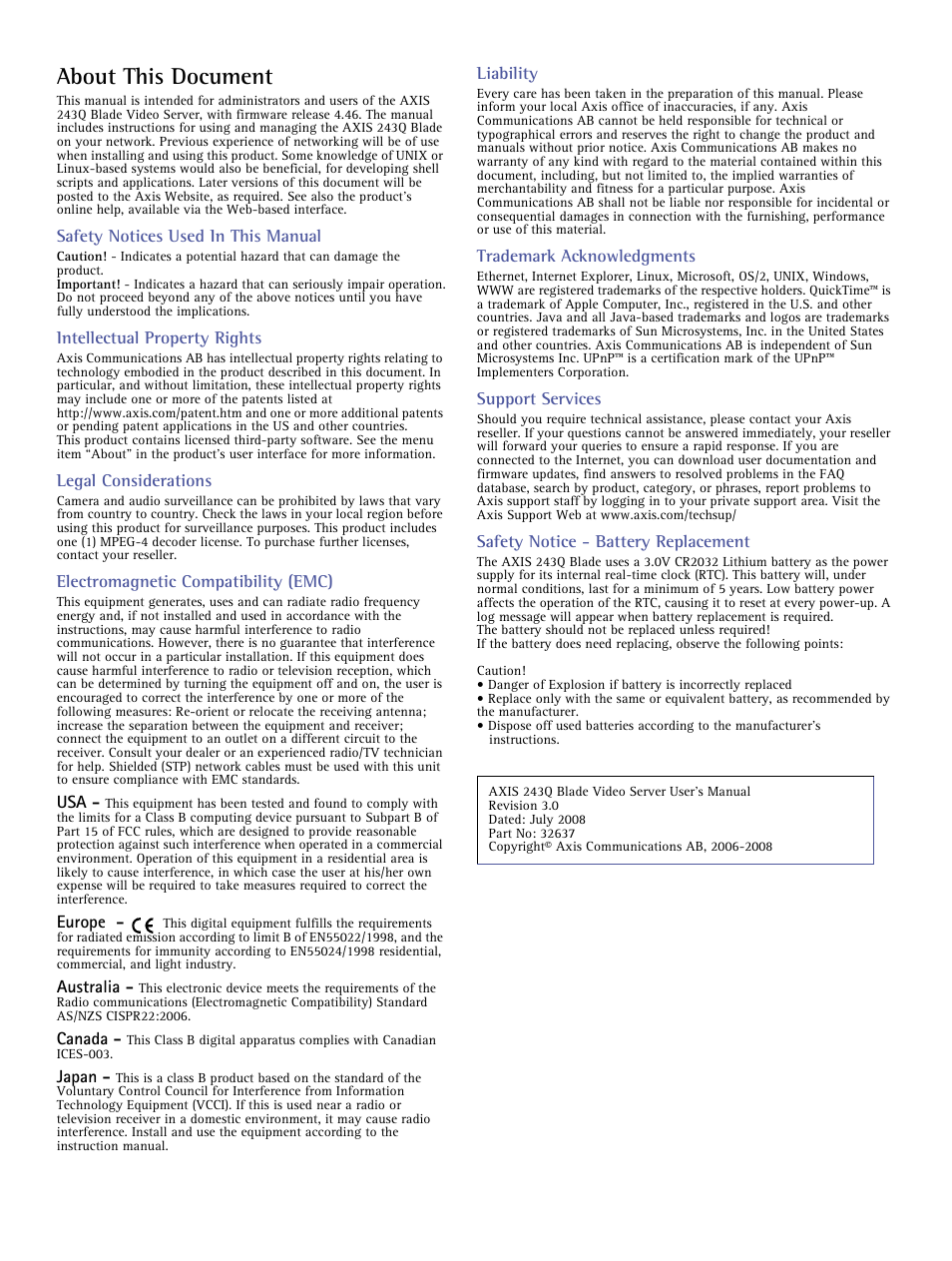 About this document, Safety notices used in this manual, Intellectual property rights | Legal considerations, Electromagnetic compatibility (emc), Europe, Australia, Canada, Japan, Liability | Axis Communications Video Server 243Q Blade User Manual | Page 2 / 72