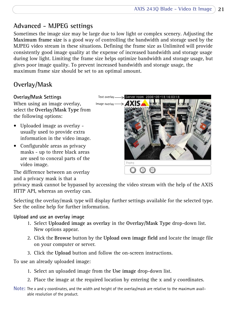 Advanced - mjpeg settings, Overlay/mask | Axis Communications Video Server 243Q Blade User Manual | Page 21 / 72